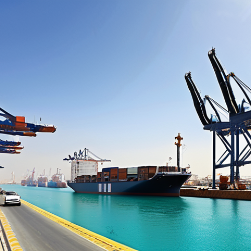 Home 6 **
"Modern Saudi Arabian port scene. Focus on container ships, advanced cranes loading cargo, and futuristic port infrastructure under a sunny sky. Reflects Vision 2030 goals, showcasing efficiency and technological advancement."
**
