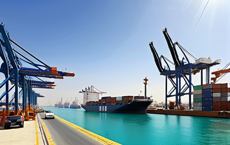 **
"Modern Saudi Arabian port scene. Focus on container ships, advanced cranes loading cargo, and futuristic port infrastructure under a sunny sky. Reflects Vision 2030 goals, showcasing efficiency and technological advancement."
**
