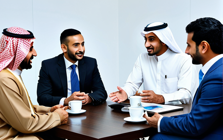 **
"A diverse group of professionals in appropriate attire, including Saudi nationals in traditional dress and international businesspeople in modest business suits, engaged in a friendly discussion over Arabic coffee in a modern Riyadh office setting, fully clothed, professional environment, safe for work, family-friendly, perfect anatomy, well-formed hands, correct proportions, natural pose, high resolution, professional photography, appropriate content."
**