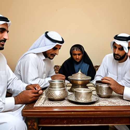 사우디아라비아 내 유명 카페와 로스터리 - Traditional Qahwa Ceremony**

"A Saudi family in a traditionally decorated living room, fully clothe...