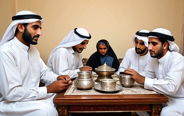 사우디아라비아 내 유명 카페와 로스터리 - Traditional Qahwa Ceremony**
"A Saudi family in a traditionally decorated living room, fully clothe...