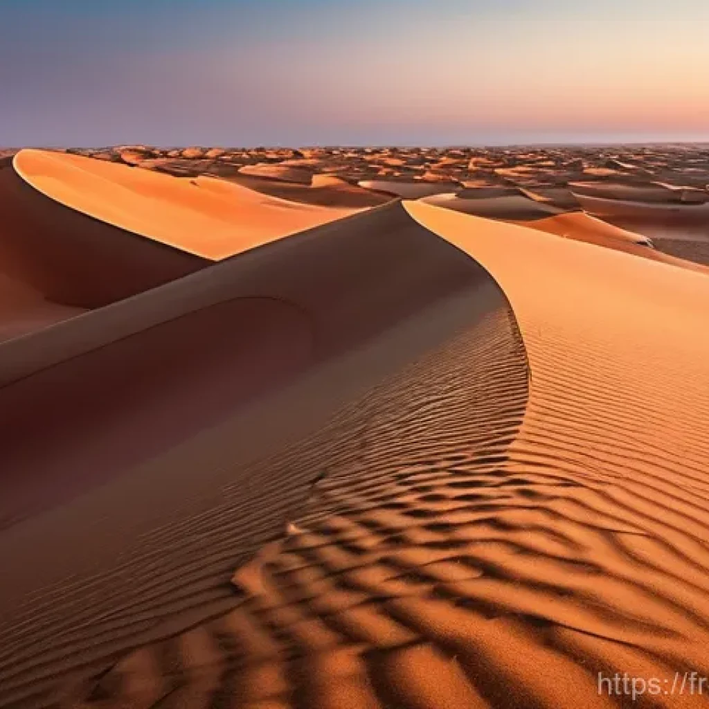 사우디아라비아의 사막 투어 루브 알칼리 낙타 사파리 - **Desert Dawn's Embrace:** A stunning panoramic wide shot of the Rub' al Khali desert at sunrise. To...