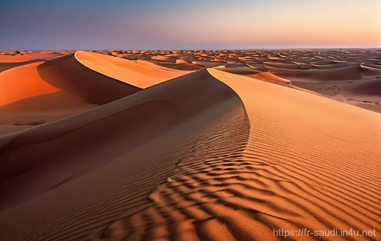 사우디아라비아의 사막 투어 루브 알칼리 낙타 사파리 - **Desert Dawn's Embrace:** A stunning panoramic wide shot of the Rub' al Khali desert at sunrise. To...