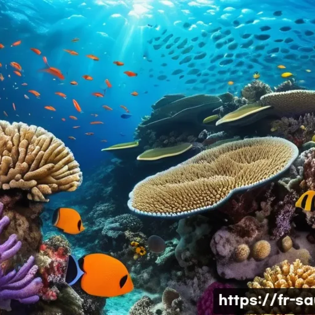 사우디아라비아 해양 생물 및 수족관 - A vibrant underwater scene of the Red Sea coral reef showcasing a diverse mosaic of corals: delicate...
