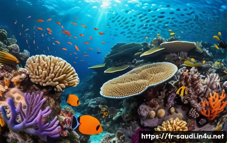 사우디아라비아 해양 생물 및 수족관 - A vibrant underwater scene of the Red Sea coral reef showcasing a diverse mosaic of corals: delicate...