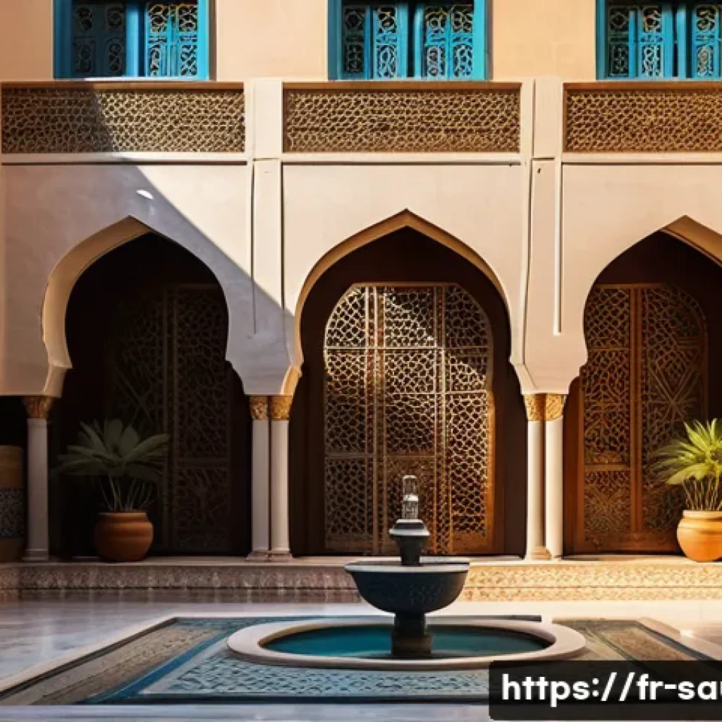 사우디아라비아의 전통적인 집 구조와 재료 - A traditional Saudi Arabian courtyard house interior during the golden hour, featuring thick limesto...