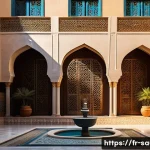 Home 17 사우디아라비아의 전통적인 집 구조와 재료 - A traditional Saudi Arabian courtyard house interior during the golden hour, featuring thick limesto...