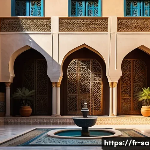 Home 29 사우디아라비아의 전통적인 집 구조와 재료 - A traditional Saudi Arabian courtyard house interior during the golden hour, featuring thick limesto...