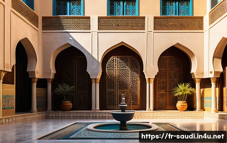 사우디아라비아의 전통적인 집 구조와 재료 - A traditional Saudi Arabian courtyard house interior during the golden hour, featuring thick limesto...
