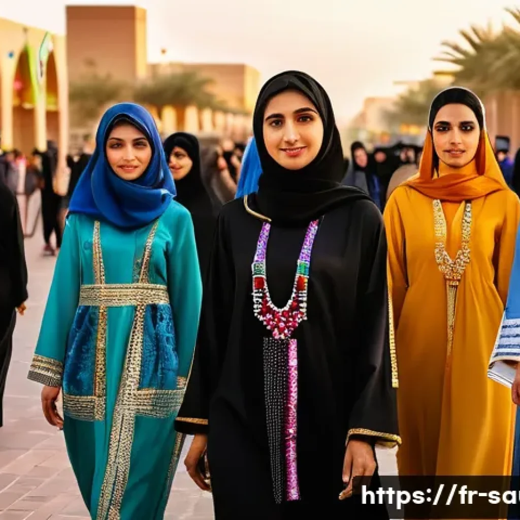사우디아라비아의 사회적 변화 - A vibrant urban scene in Riyadh showing young Saudi women dressed in colorful but modest clothing, w...