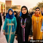 Home 16 사우디아라비아의 사회적 변화 - A vibrant urban scene in Riyadh showing young Saudi women dressed in colorful but modest clothing, w...