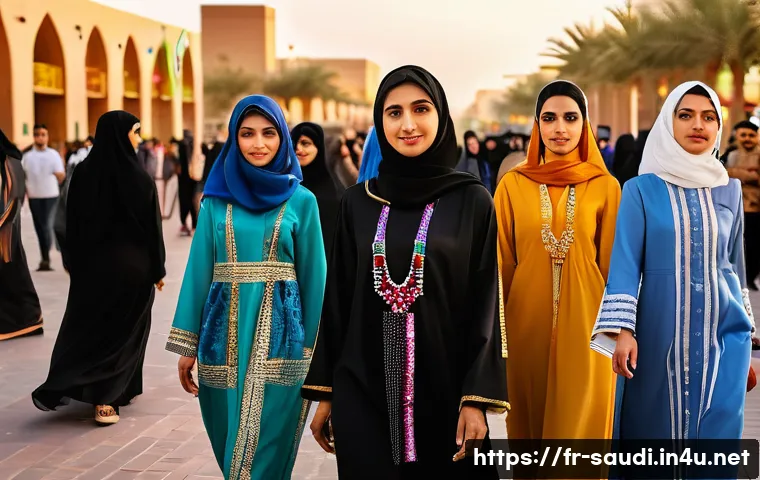 사우디아라비아의 사회적 변화 - A vibrant urban scene in Riyadh showing young Saudi women dressed in colorful but modest clothing, w...