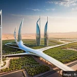 Home 21 사우디아라비아와 UAE의 차이점 - A futuristic cityscape of NEOM in Saudi Arabia at sunset, showcasing sleek skyscrapers with green ro...