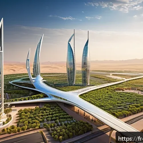 Home 15 사우디아라비아와 UAE의 차이점 - A futuristic cityscape of NEOM in Saudi Arabia at sunset, showcasing sleek skyscrapers with green ro...