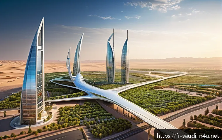 사우디아라비아와 UAE의 차이점 - A futuristic cityscape of NEOM in Saudi Arabia at sunset, showcasing sleek skyscrapers with green ro...