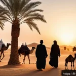 Home 18 사우디아라비아 민족성과 사회구조 - A vibrant traditional Saudi Arabian tribal gathering in a desert oasis at sunset, featuring men and ...