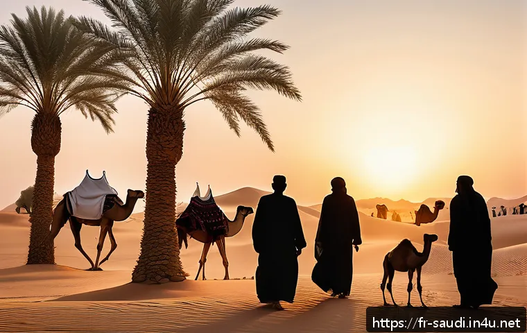 사우디아라비아 민족성과 사회구조 - A vibrant traditional Saudi Arabian tribal gathering in a desert oasis at sunset, featuring men and ...