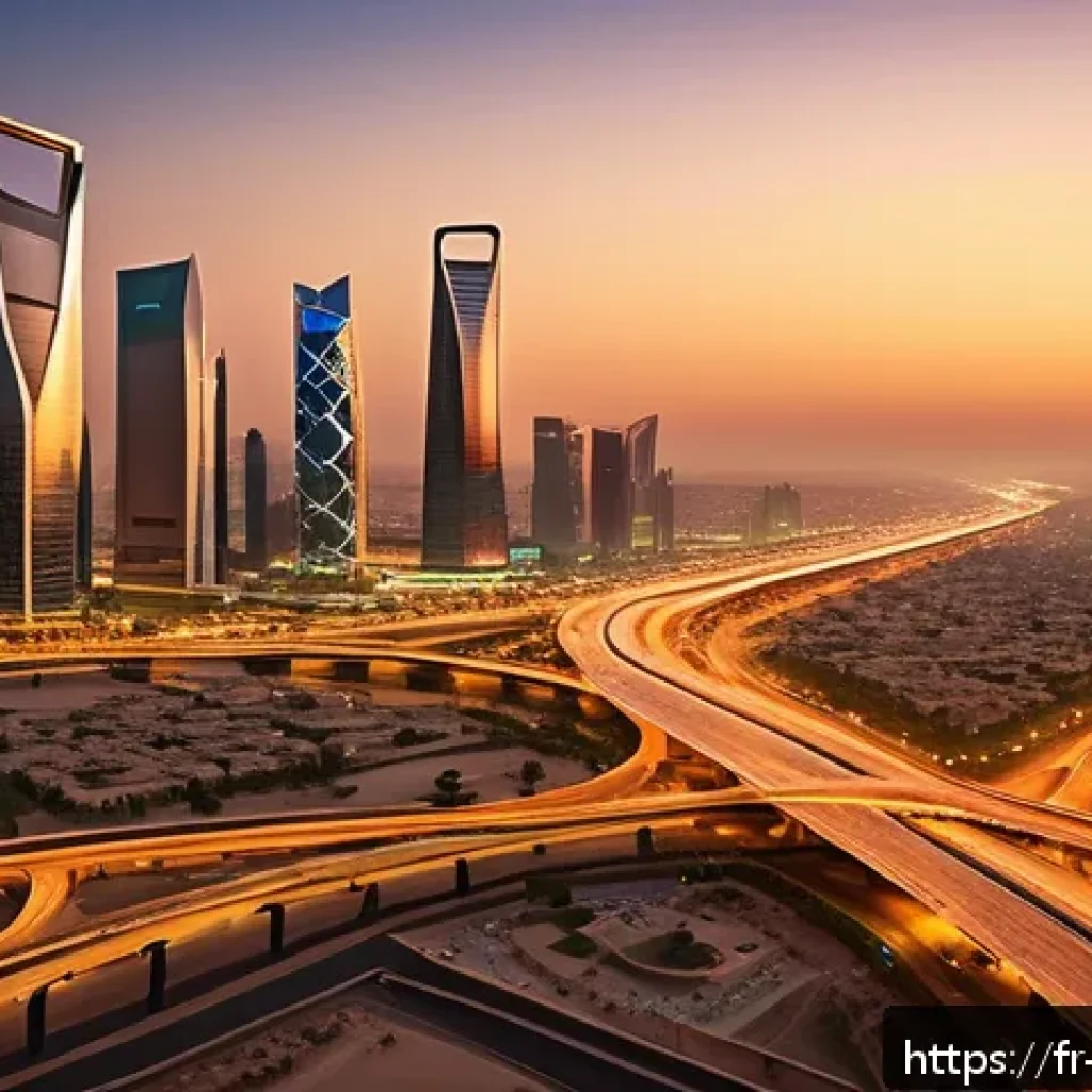 석유 산업이 사우디아라비아에 미친 영향 - A panoramic view of Riyadh&rsquo;s modern urban skyline at sunset, showcasing newly built skyscrapers, exp...