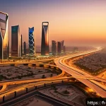 Home 23 석유 산업이 사우디아라비아에 미친 영향 - A panoramic view of Riyadh’s modern urban skyline at sunset, showcasing newly built skyscrapers, exp...