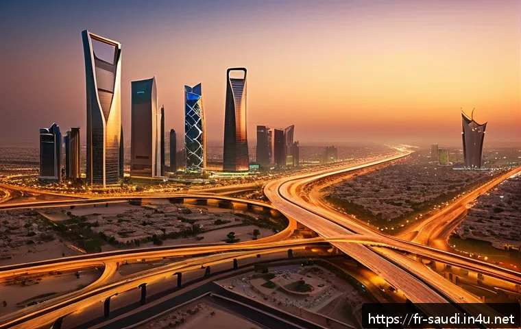 석유 산업이 사우디아라비아에 미친 영향 - A panoramic view of Riyadh’s modern urban skyline at sunset, showcasing newly built skyscrapers, exp...