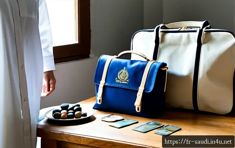 메카 방문을 위한 필수 가이드 - Photorealistic travel preparation scene for a French Muslim family visiting Mecca, neatly arranged m...