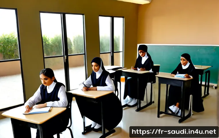 사우디아라비아 교육 시스템 분석 - Photorealistic wide classroom scene in Saudi Arabia, diverse teenage students in modest school unifo...