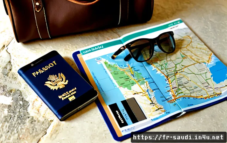 사우디아라비아 여행 준비  비자 항공편 숙소 정보 - Photorealistic travel preparation flat lay for a French traveler visiting Saudi Arabia: open passpor...