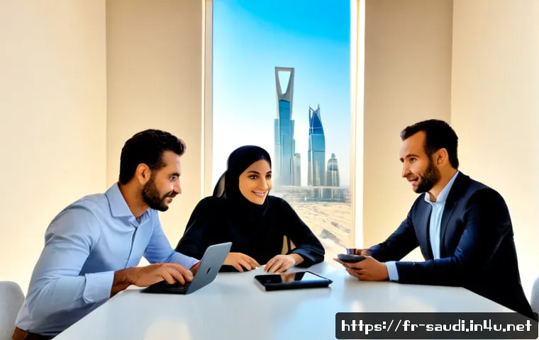 사우디아라비아 내 IT 및 스타트업 동향 - Photorealistic Riyadh startup innovation hub, a diverse Saudi and French business team discussing a ...