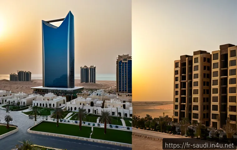 Home 17 리야드와 제다의 부동산 시장 차이 - Photorealistic split-view comparison of Riyadh and Jeddah residential real estate: left side modern ...