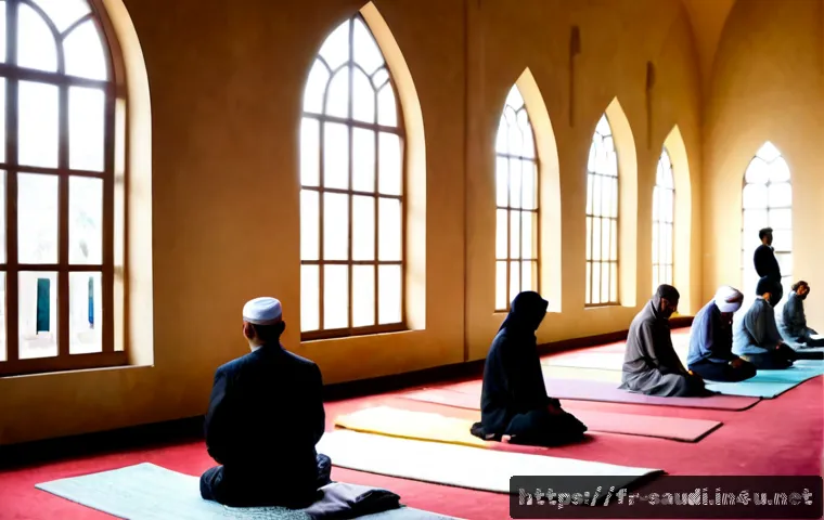이슬람 예배 시간과 규칙 - Photorealistic wide interior of a quiet French mosque at soft dawn, adult Muslim men and women in mo...