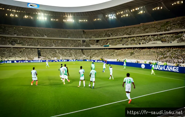 Home 17 사우디아라비아 내 주요 스포츠 행사 - Photorealistic international football tournament in a vast modern Saudi Arabian stadium at sunset, d...